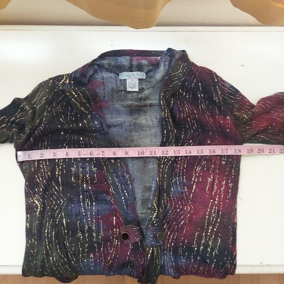 Women's Y2K Gold Textured Knit Open Front Cardigan Green Red Tie Dye Sz Medium - Picture 7 of 10